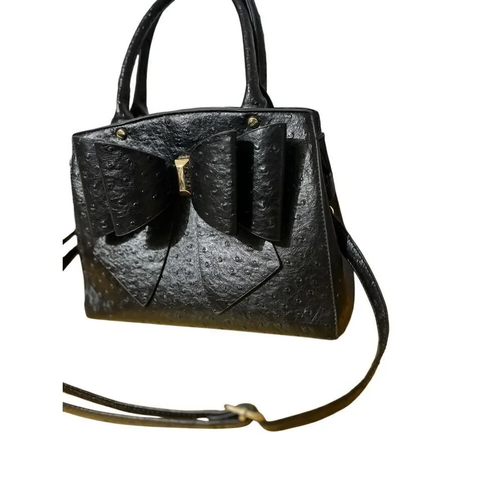 Grossi Faux Ostrich Vegan Leather Satchel: Elegant Black Double Bow